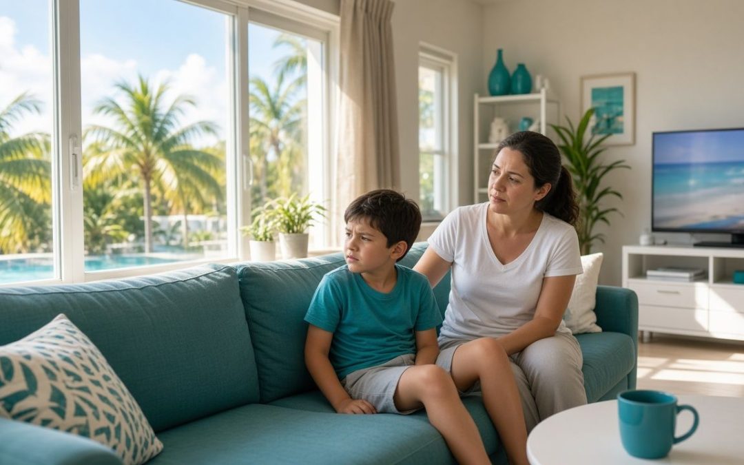 Child squinting at the TV across the living room while a parent looks on, a common sign of nearsightedness (myopia)