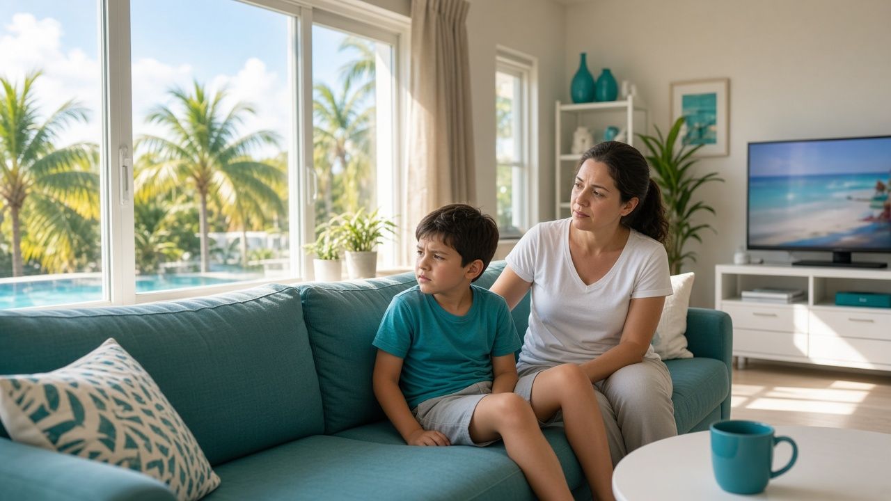 Child squinting at the TV across the living room while a parent looks on, a common sign of nearsightedness (myopia)
