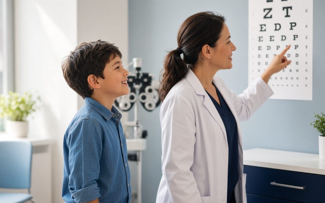 Child reading an eye chart during a free kids vision screening at Fort Lauderdale EyeCare & EyeWear