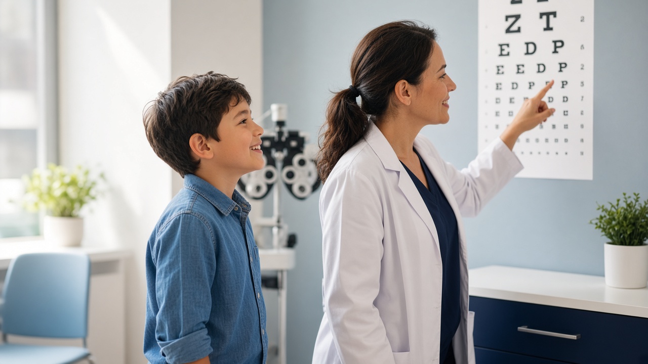 Child reading an eye chart during a free kids vision screening at Fort Lauderdale EyeCare & EyeWear